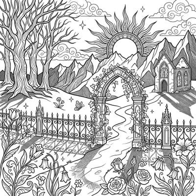 Journey into a realm where the first light of dawn illuminates a mysterious spring landscape, steeped in gothic elegance. This unique coloring page invites you to explore a world of ornate details, ancient trees, and blooming flowers under a rising sun.