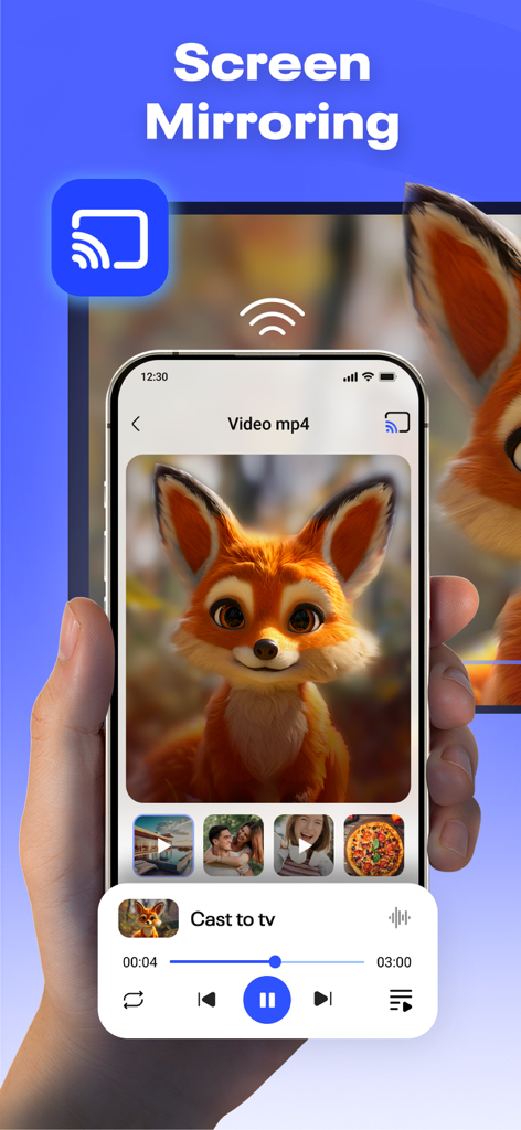 Cast Video/Photo/Music to TV - Smartphone displaying screen mirroring app interface to cast video to a TV