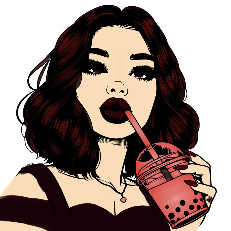 realistic girl with glossy lips holding boba