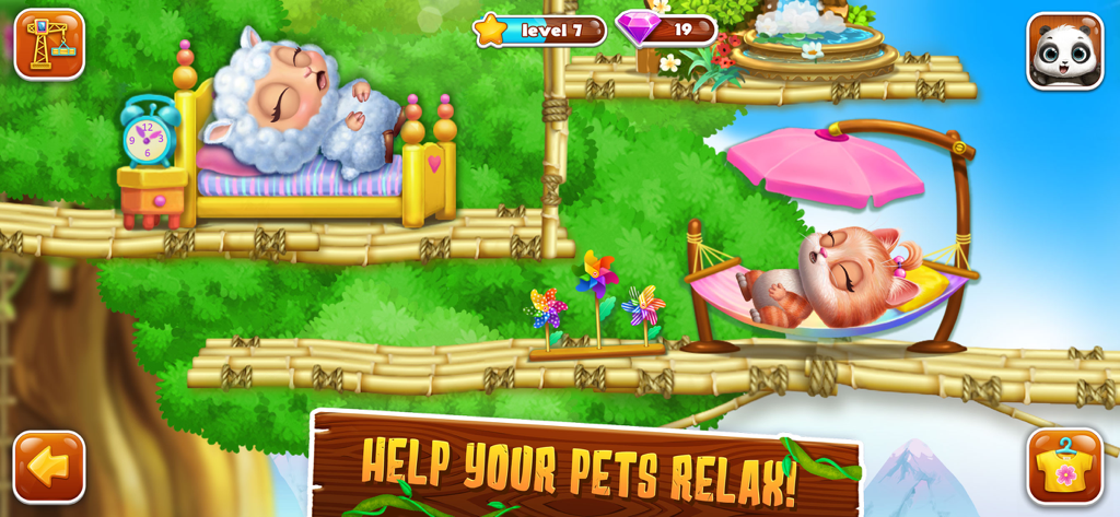 Panda Lu Treehouse - A sheep and a cat sleeping in a custom built treehouse in the Panda Lu Treehouse game