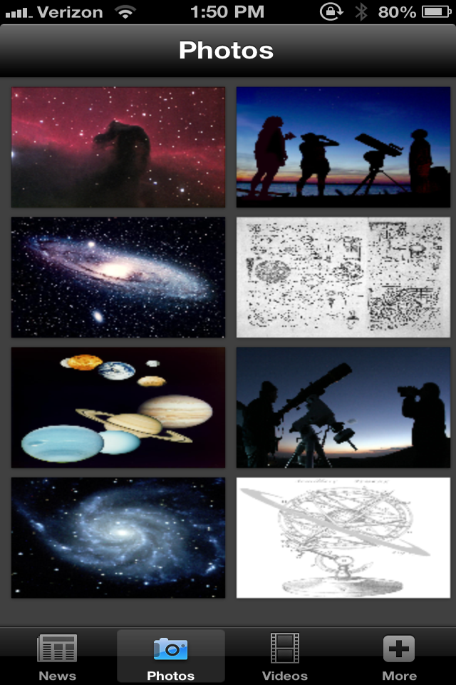 News: Astronomy Edition - A photo gallery within the News Astronomy Edition app displaying various space images and telescopes