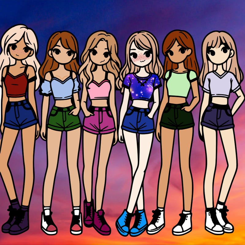 a group of girls wearing crop tops and shorts