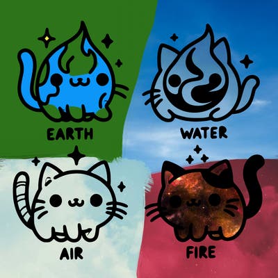 4 cats that represent the different elements, earth, water, air, and fire