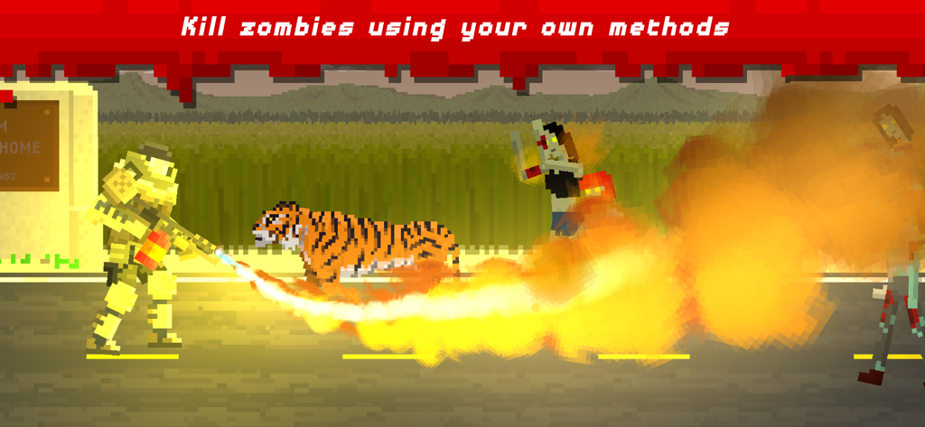 They Are Coming Zombie Defense - Sopravvissuto in pixel art che usa un lanciafiamme contro un'orda di zombi e una tigre in They Are Coming Zombie Defense.