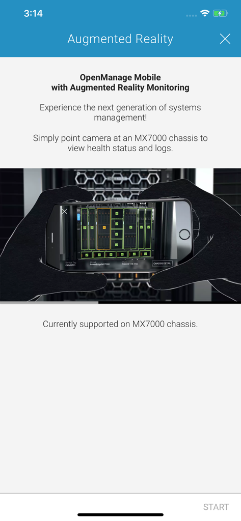 OpenManage Mobile - Dell OpenManage Mobile app showing Augmented Reality monitoring for server health on an MX7000 chassis.