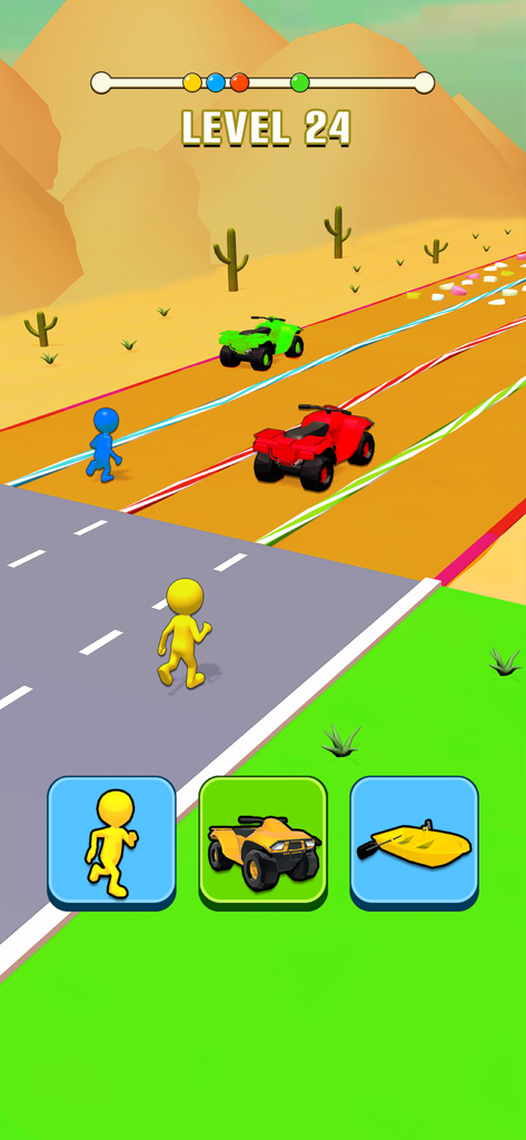 Shape Transform: Shifting Car - Gameplay screenshot of Shape Transform Shifting Car showing characters and vehicles racing through a desert level with transformation buttons.