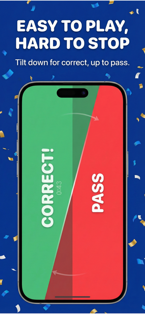 A mobile app screenshot showing the tilt mechanics for the Headbands Charades game with green correct and red pass zones