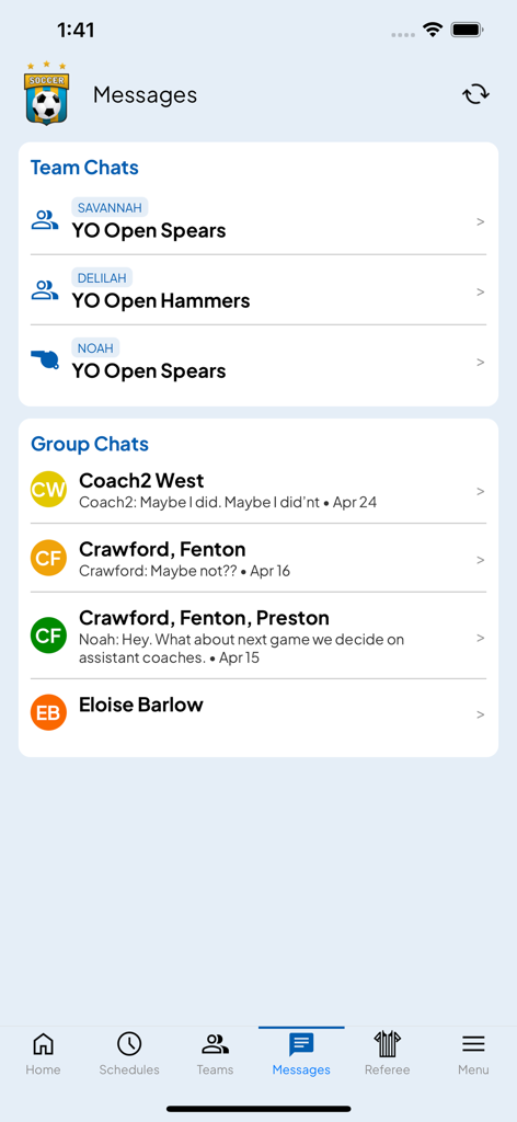 PowerUp Connect - A list of team and group chats within the PowerUp Connect mobile app for sports management.