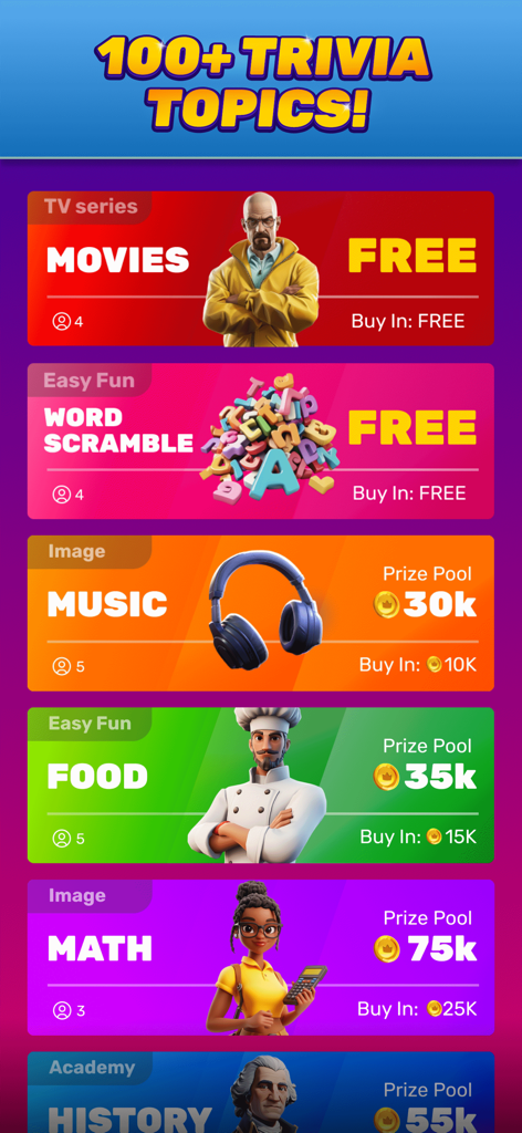 Trivia Royale app interface showing various quiz categories like Movies Music and Food with prize pools