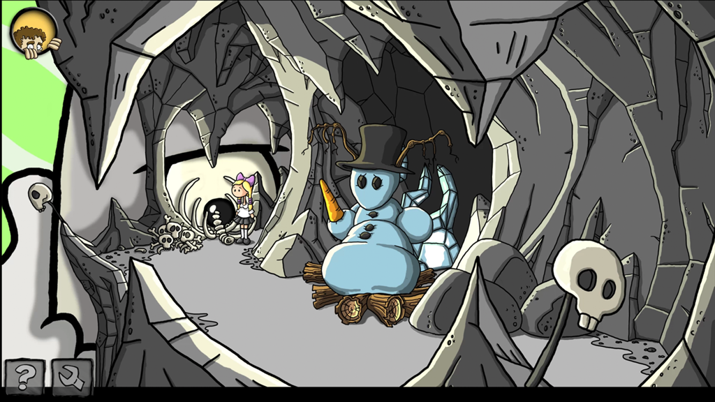 Une scène dessinée à la main de Harvey's New Eyes montrant Lily dans une grotte sombre avec un bonhomme de neige portant un chapeau haut de forme et des crânes sur des bâtons.