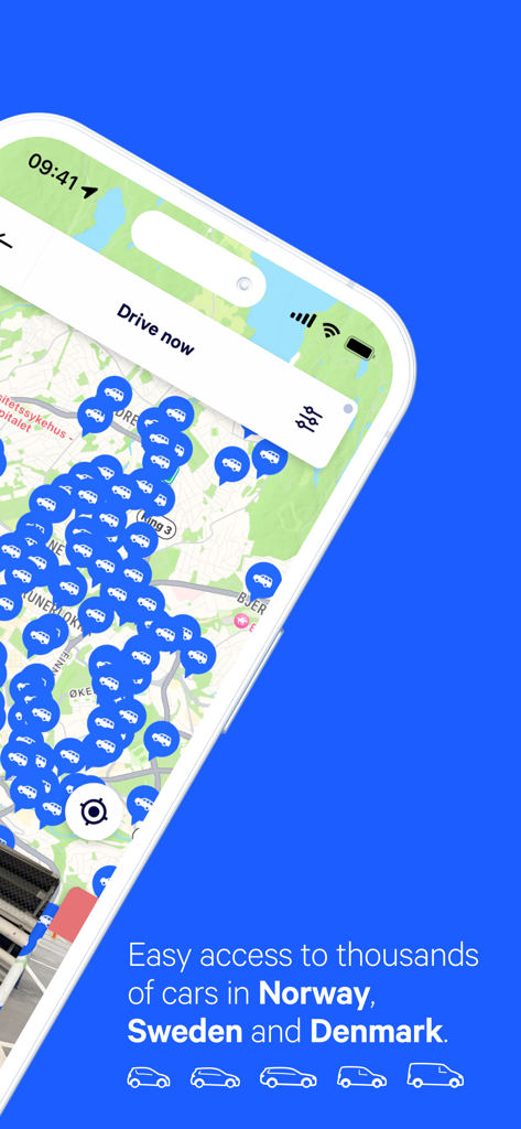 Écran de smartphone affichant la carte de l'application Hyre avec de nombreux emplacements de location de voitures