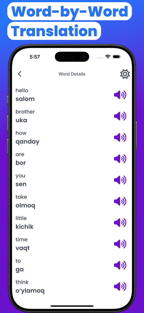 Uzbek to English word-by-word translation list with audio pronunciation buttons