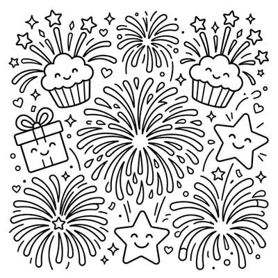 Get ready for a dazzling celebration with this adorable birthday fireworks coloring page! Filled with happy stars, cupcakes, and gifts, it's perfect for young children to enjoy a burst of creative fun.