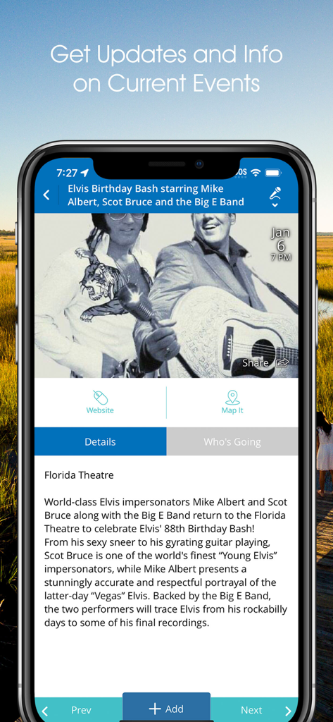 Visit JAX! - Mobile phone displaying event details for an Elvis Birthday Bash in the Visit JAX app