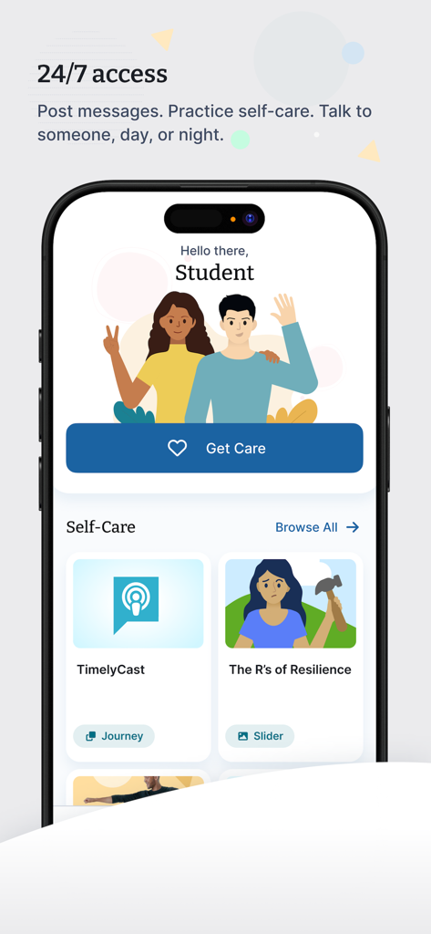 TimelyCare Health & Well-being - Interfaccia dell'app mobile TimelyCare che mostra l'accesso 24/7 degli studenti al supporto per la salute mentale e alle risorse di autocura.