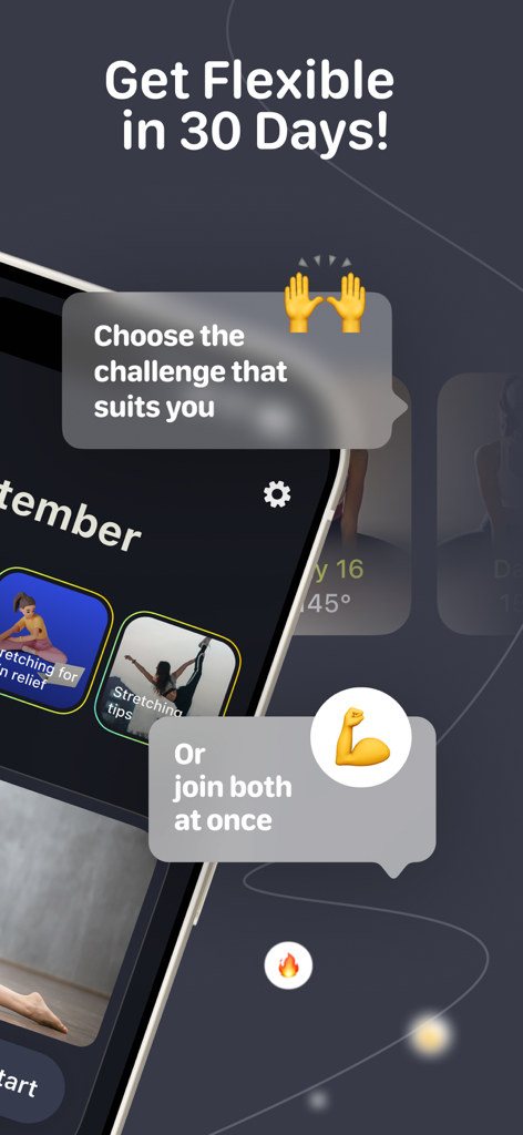 La pantalla de selección de desafío de la aplicación Splits 30 Day Challenge que muestra opciones para iniciar un programa de flexibilidad de 30 días.
