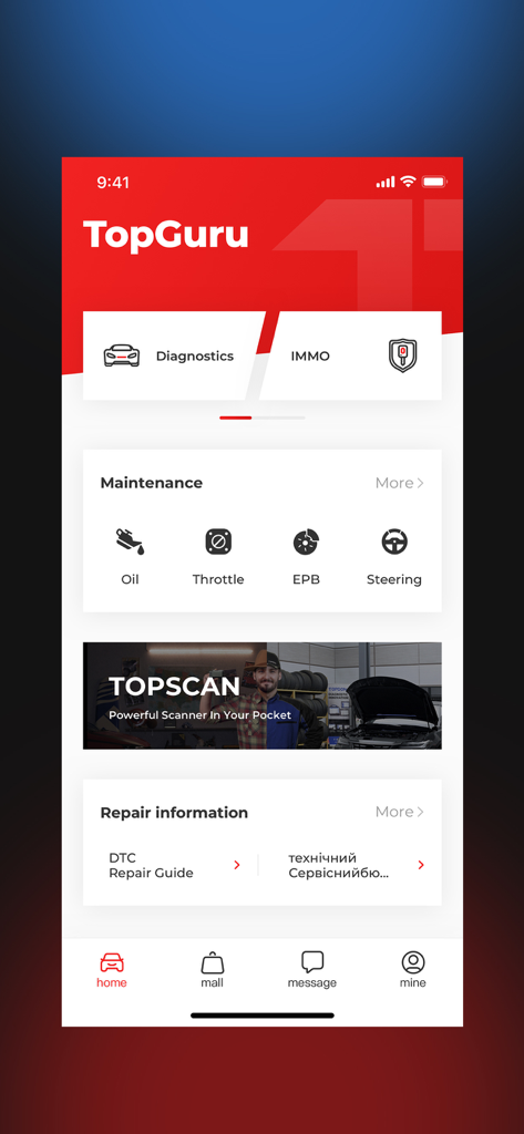 TopGuru - Tableau de bord de l'application TopGuru avec des fonctionnalités de diagnostic et de maintenance.