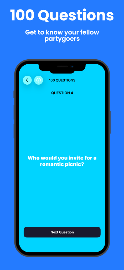 100 Questions social icebreaker game screen on a mobile phone