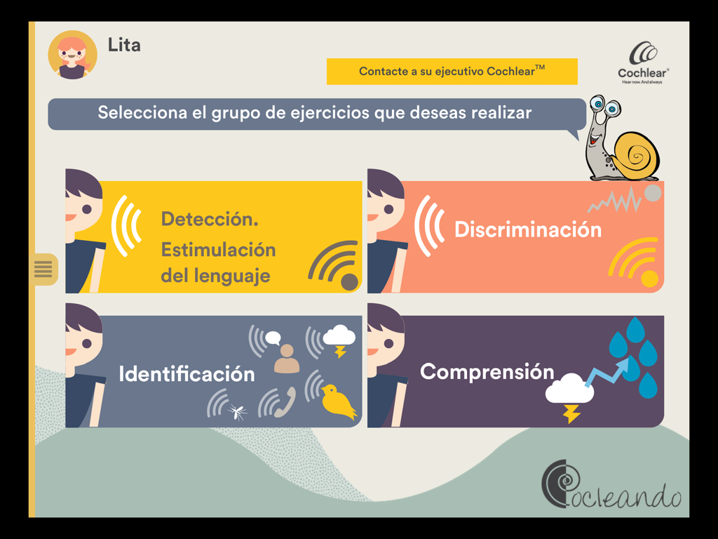 Menú principal de la aplicación Cocleando que muestra categorías de ejercicios de detección, discriminación, identificación y comprensión.