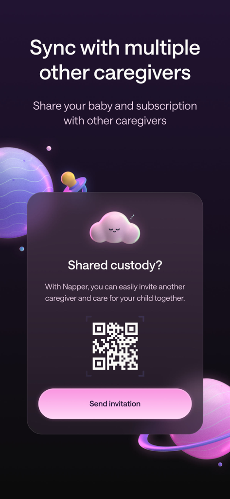 Napper: Baby Sleep Tracker - Napper 赤ちゃん睡眠トラッカーアプリの画面に、QR コードと招待ボタンが表示された育児担当者同期機能が表示されています