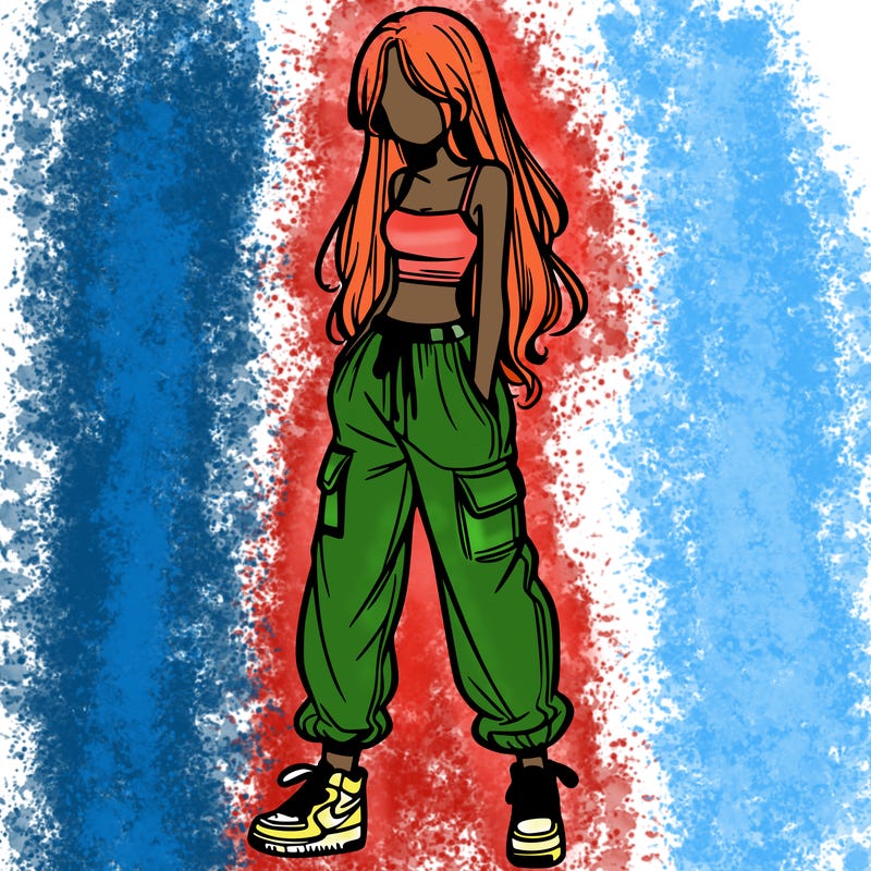 girl in baggy pants crop top and long hair