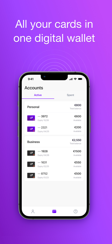 CleverCards - iPhoneのデジタルウォレットに、個人用およびビジネス用の仮想カードが表示されたCleverCardsアプリのインターフェイス。