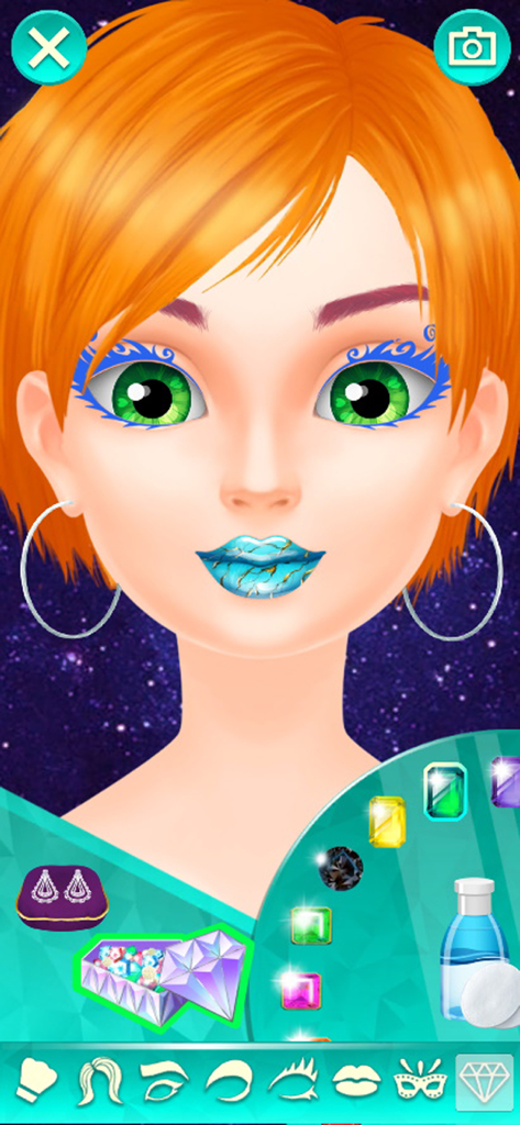 Makeup Games for Fashion Girls - Character with orange hair featuring blue winged eyeliner and patterned blue lipstick in a makeup simulation game.