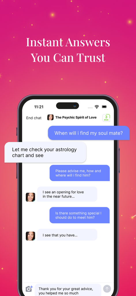 Psychic Reading Prediction - Un smartphone mostrando un chat de lectura psíquica en vivo sobre amor y almas gemelas