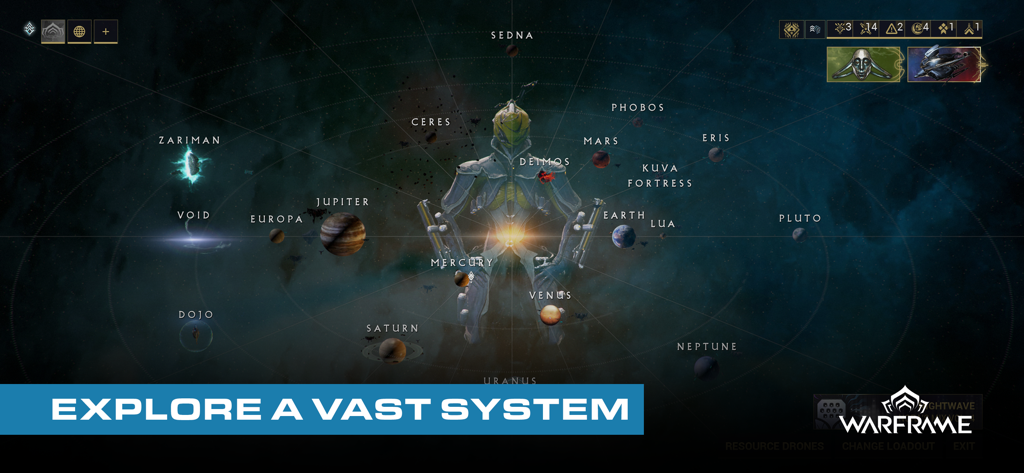Warframe - Vista del juego del mapa estelar del Sistema de Origen de Warframe mostrando el Sistema de Origen y varios planetas para explorar