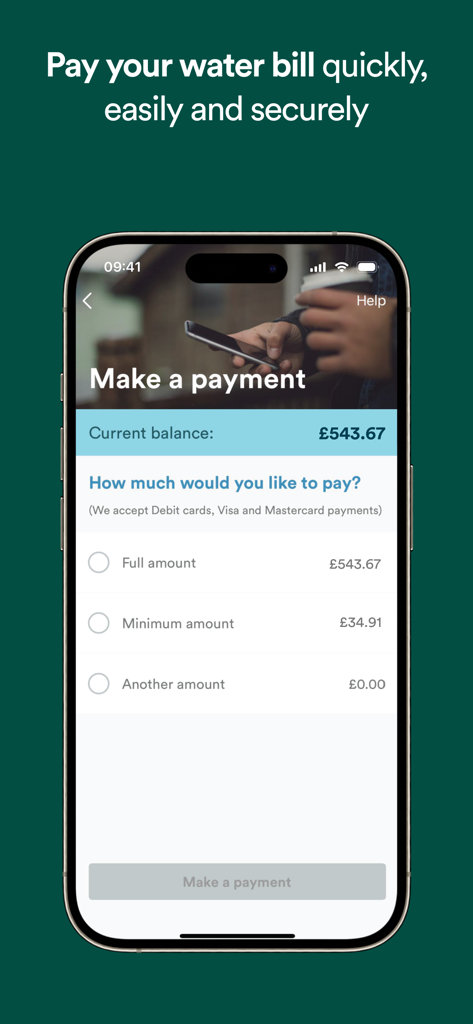 United Utilities: Your Water - A mobile screen from the United Utilities app showing options to pay a water bill balance with choices for full minimum or custom amounts
