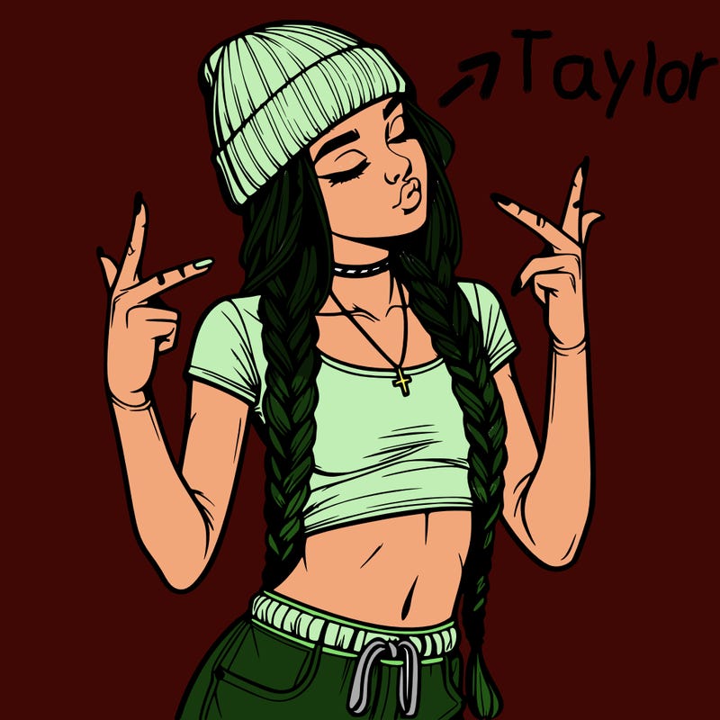 realistic teenage girl with braids and a beanie and crop top doing 🫶🏼