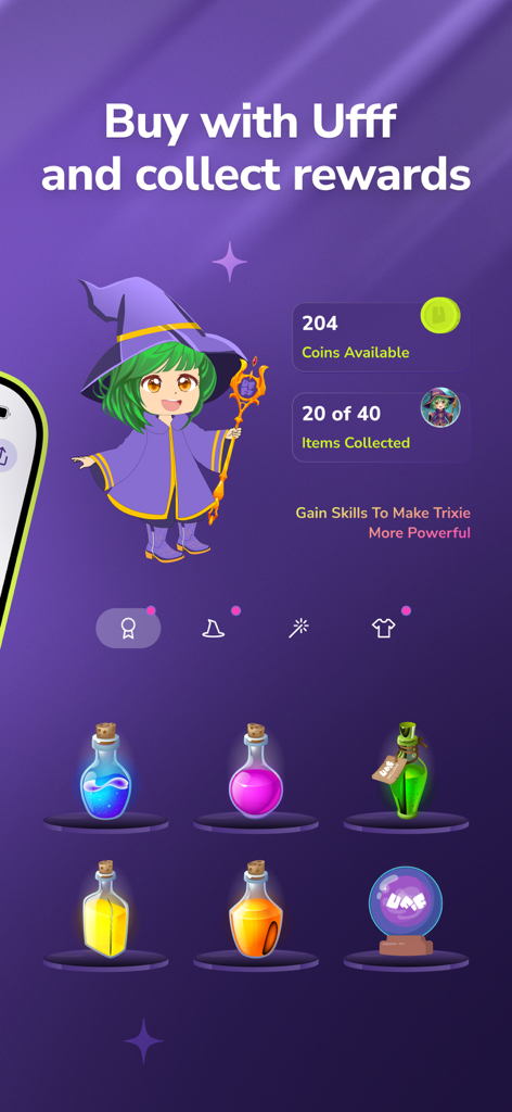 Una pantalla de recompensas gamificada en la app UFFF con un personaje de mago de anime y botellas de pociones coleccionables