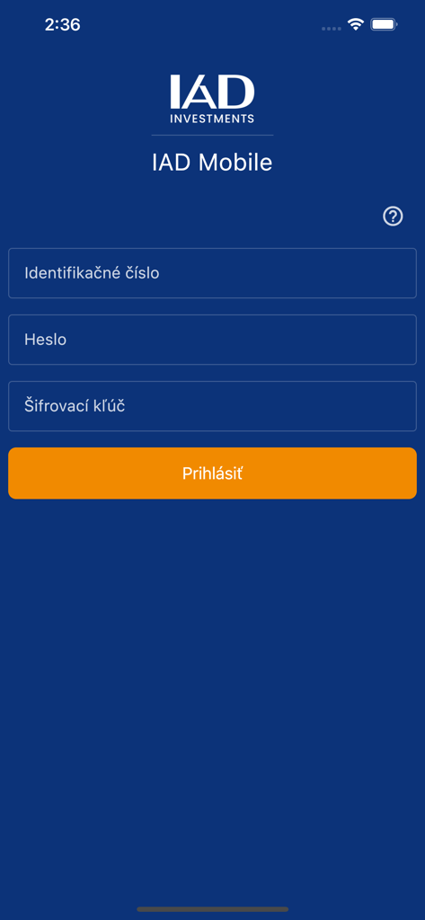Login screen of the IAD Mobile investment application featuring secure fields for identification number and password