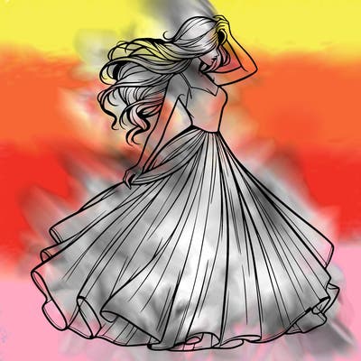 realistic woman with dress flowing in the wind