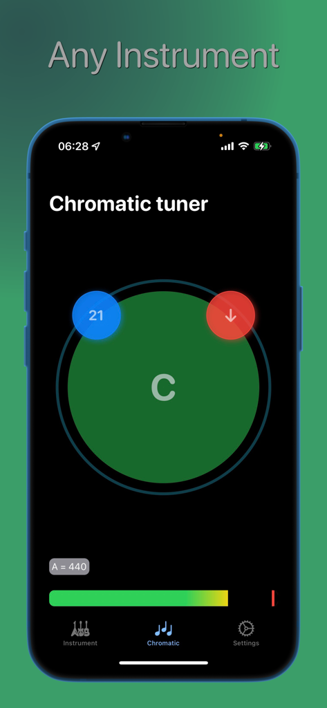 Get Tuned app chromatic tuner interface showing pitch detection for any instrument.