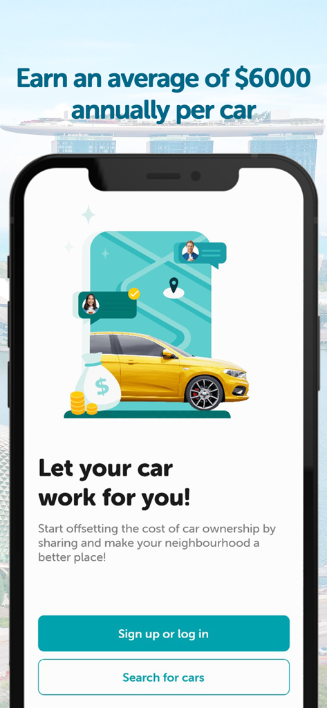 Drive lah - Una pantalla de aplicación móvil de Drive lah que muestra un coche amarillo y una bolsa de dinero con texto sobre ganar seis mil dólares anuales compartiendo tu coche.