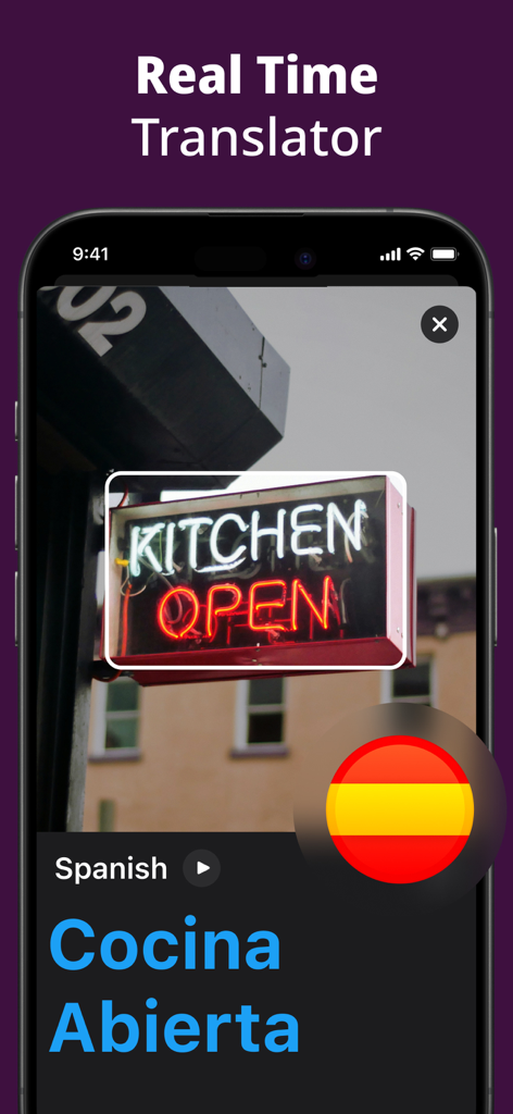 Traducción en tiempo real por cámara de un letrero en inglés a español en un teléfono móvil