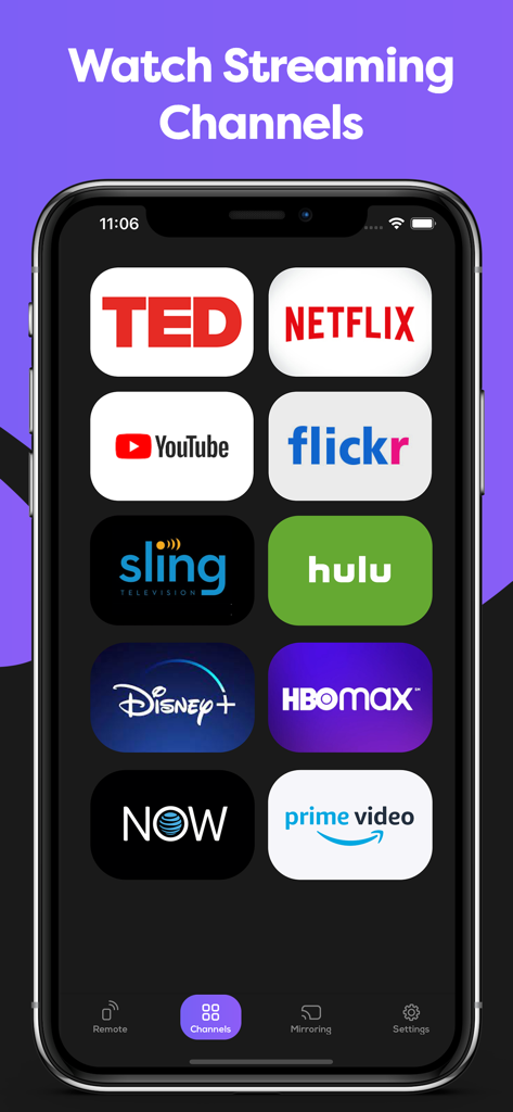 Remote Control for Roku & TCL - Interfaz de la aplicación de control remoto de Roku y TCL que muestra canales de transmisión como Netflix, Hulu y Disney Plus.