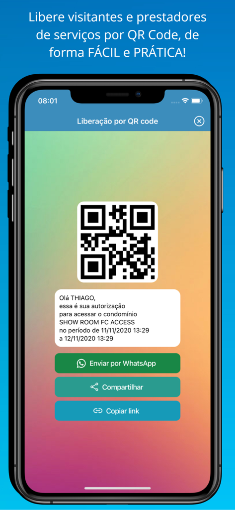 Control Condo - Smartphone screen showing a QR code for visitor access authorization in the Control Condo app