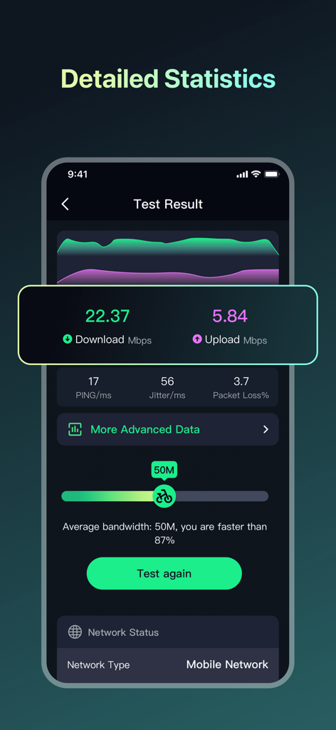 Mobile app screen showing detailed network speed test results including download speed, upload speed, ping, and jitter.