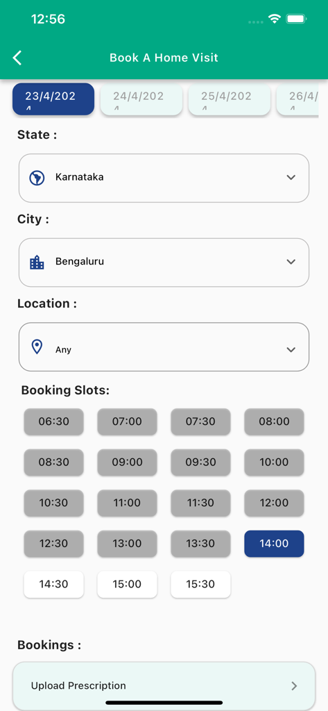 Aster Labs app interface for booking a home medical visit with date and time slot selection