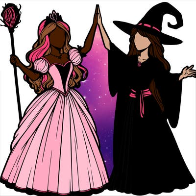 detailed realistic split of a princess and a witch