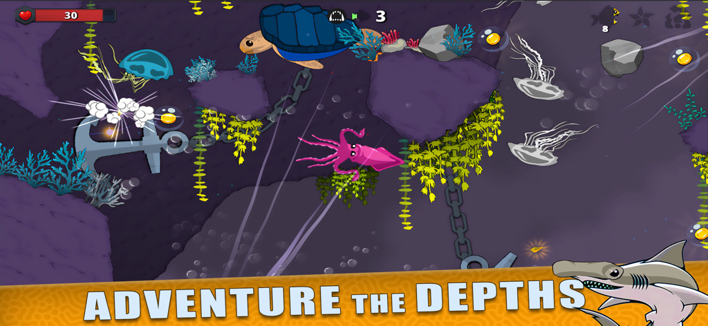 A gameplay screenshot of Fish Royale showing a pink squid and a sea turtle exploring an underwater cave with the text Adventure the Depths