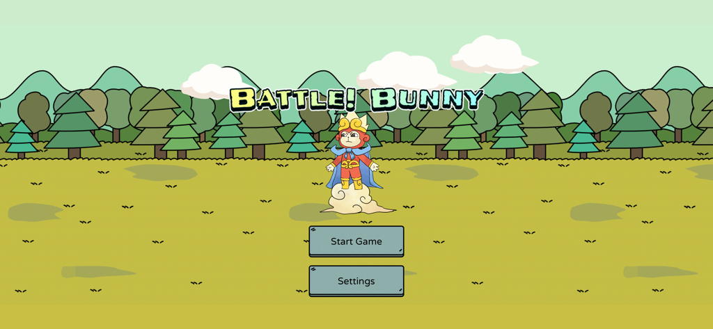 Battle Bunny:Tower Defense War - Menu principal de Battle Bunny Tower Defense War mostrando um personagem de coelho em uma nuvem em uma floresta doodle