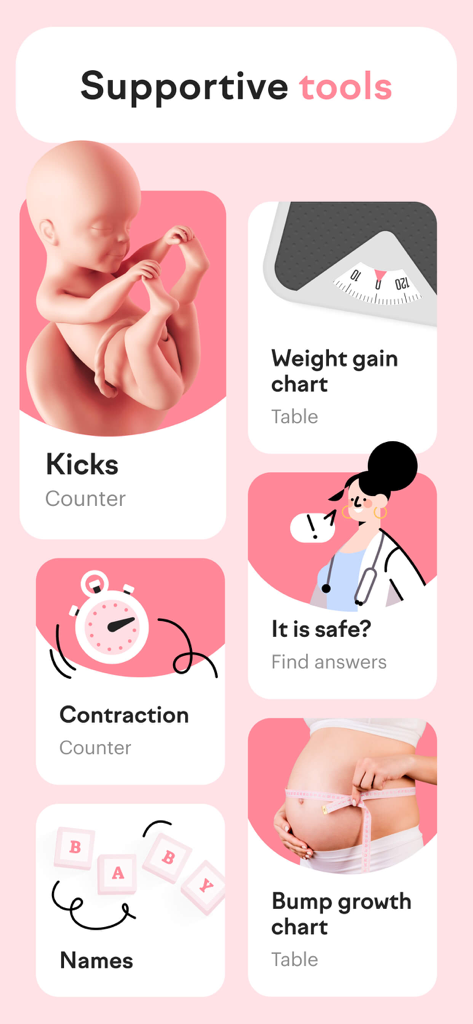 A menu of supportive tools in the amma pregnancy app including a kick counter weight gain chart contraction timer and baby names