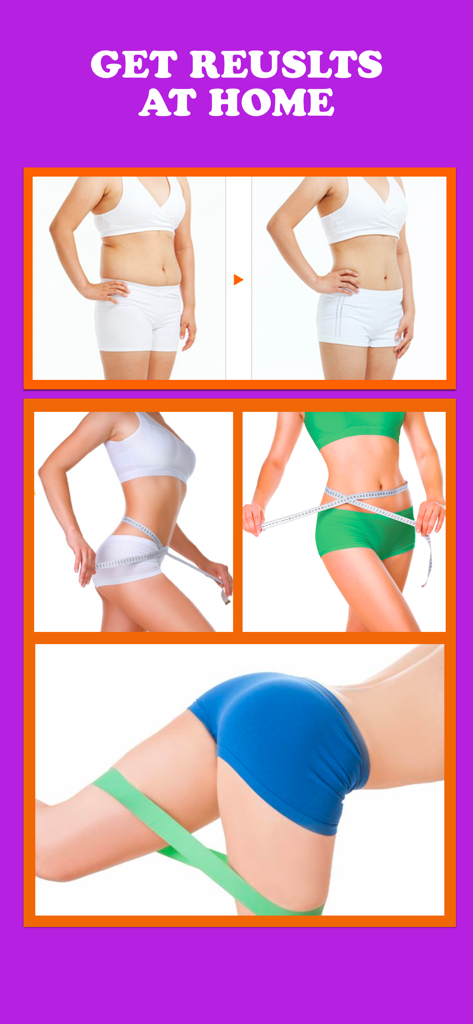 Un collage de fitness para mujeres que muestra fotos de antes y después de pérdida de peso, medidas de cintura y ejercicios en casa