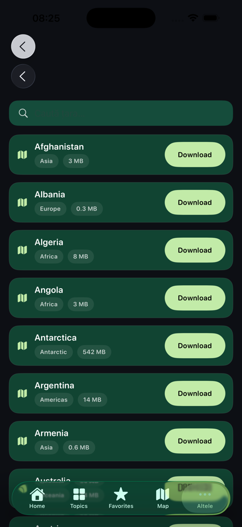 Survival Guide Offline - Interface showing a list of countries with download buttons for offline maps in the Survival Guide app.