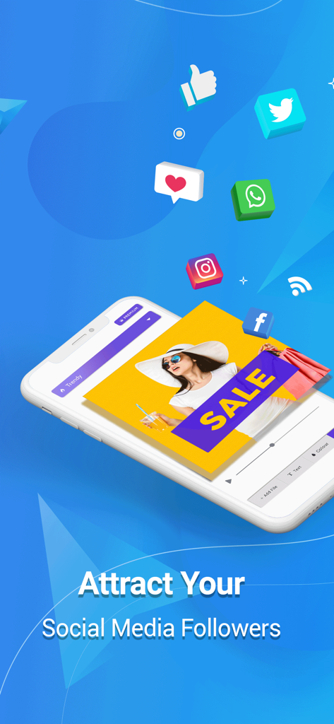 Teléfono inteligente mostrando una plantilla de anuncio de rebajas de moda rodeada de iconos de redes sociales y el texto Atrae a tus Seguidores en Redes Sociales