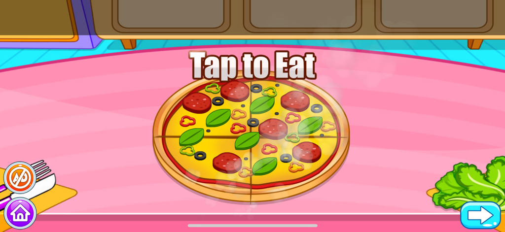 Pizza and Unicorn Cake Maker - Una colorida pizza de pepperoni y albahaca sobre una mesa rosa con un aviso de Toca para Comer en un juego de cocina