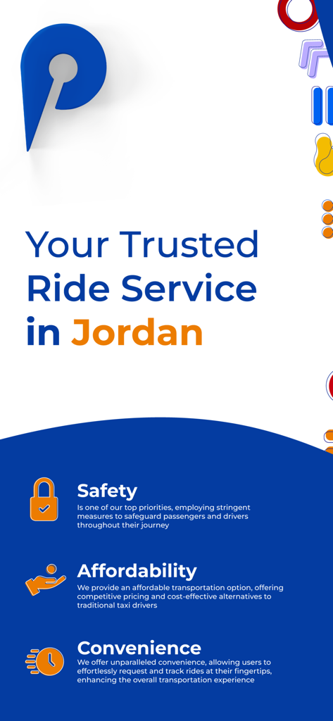 Petra Ride - Petra Ride app promotional screen highlighting safety affordability and convenience for transportation in Jordan